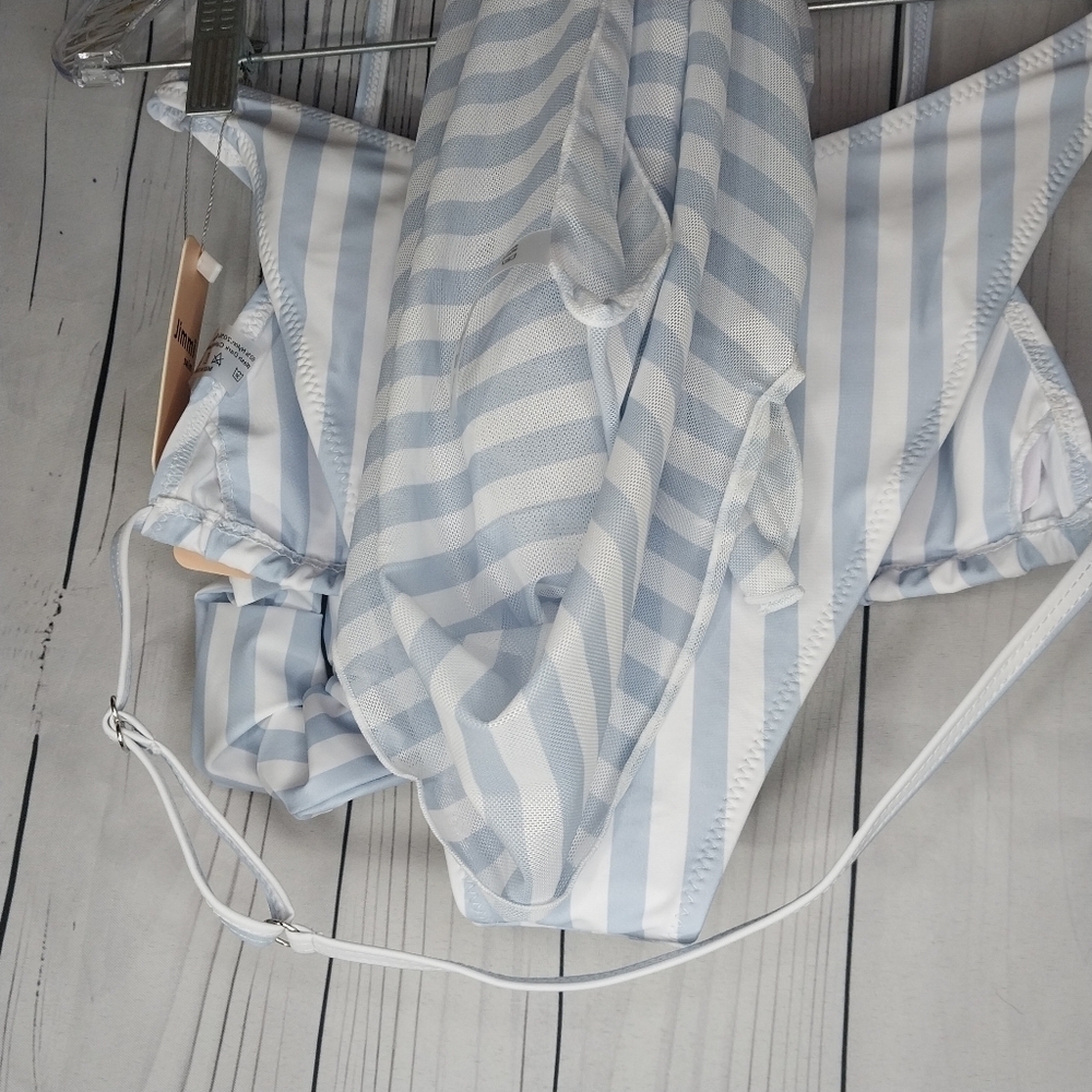 Jimmi Striped Blue and White Bikini Set With Wrap And Hair Tie Size M NWT - Picture 9 of 10